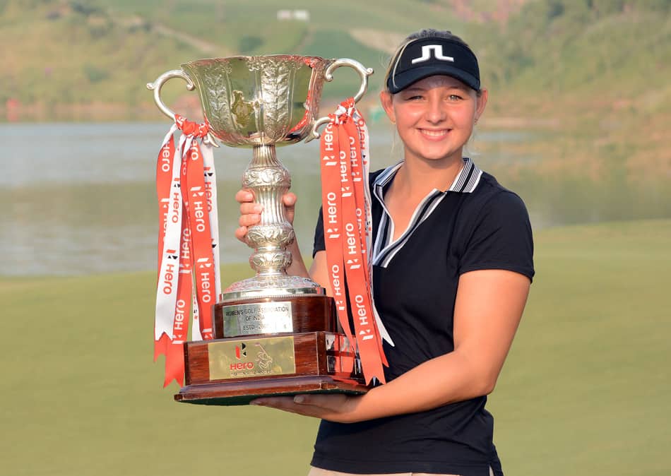 TOK SIN FØRSTE SEIER: 19 år gamle Emily Kristine Pedersen fra Danmark tok sin første europatour-seier i Woman's India Open. Foto: LET