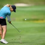Celine Borge, tredje slag på hull 18, under første runde av Amundi Evian Championship , på Evian Resort Golf Club, 27. juli 2023.